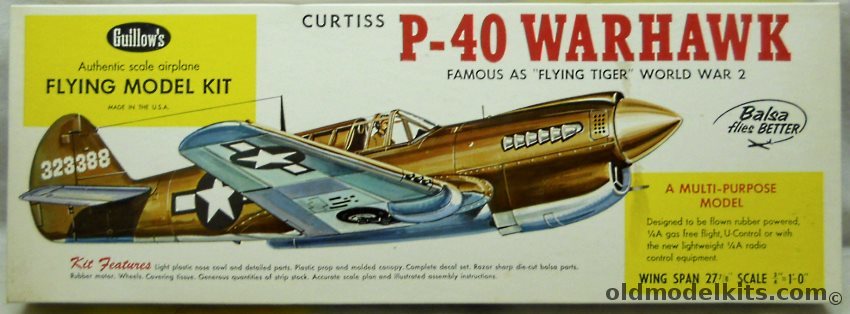 Guillows 1/16 Curtiss P-40 Warhawk - 27 inch Wingspan Gas/RC/Rubber Powered Balsa Wood Kit, 405-500 plastic model kit